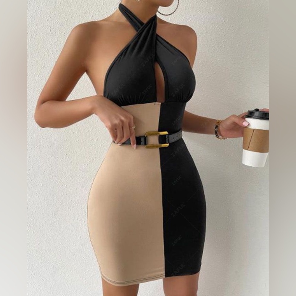 Colorblock Halter Bodycon Dress - Black & Beige